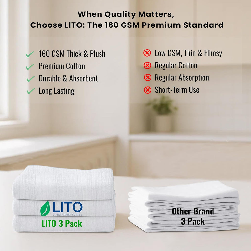 LITO LINEN AND TOWEL Flour Sack Towels – 100% Cotton, 28x28 Inches, Highly Absorbent, Embroidery-Ready Tea Towels for Kitchen & Crafts, Farmhouse Decor, Pack of 3 White