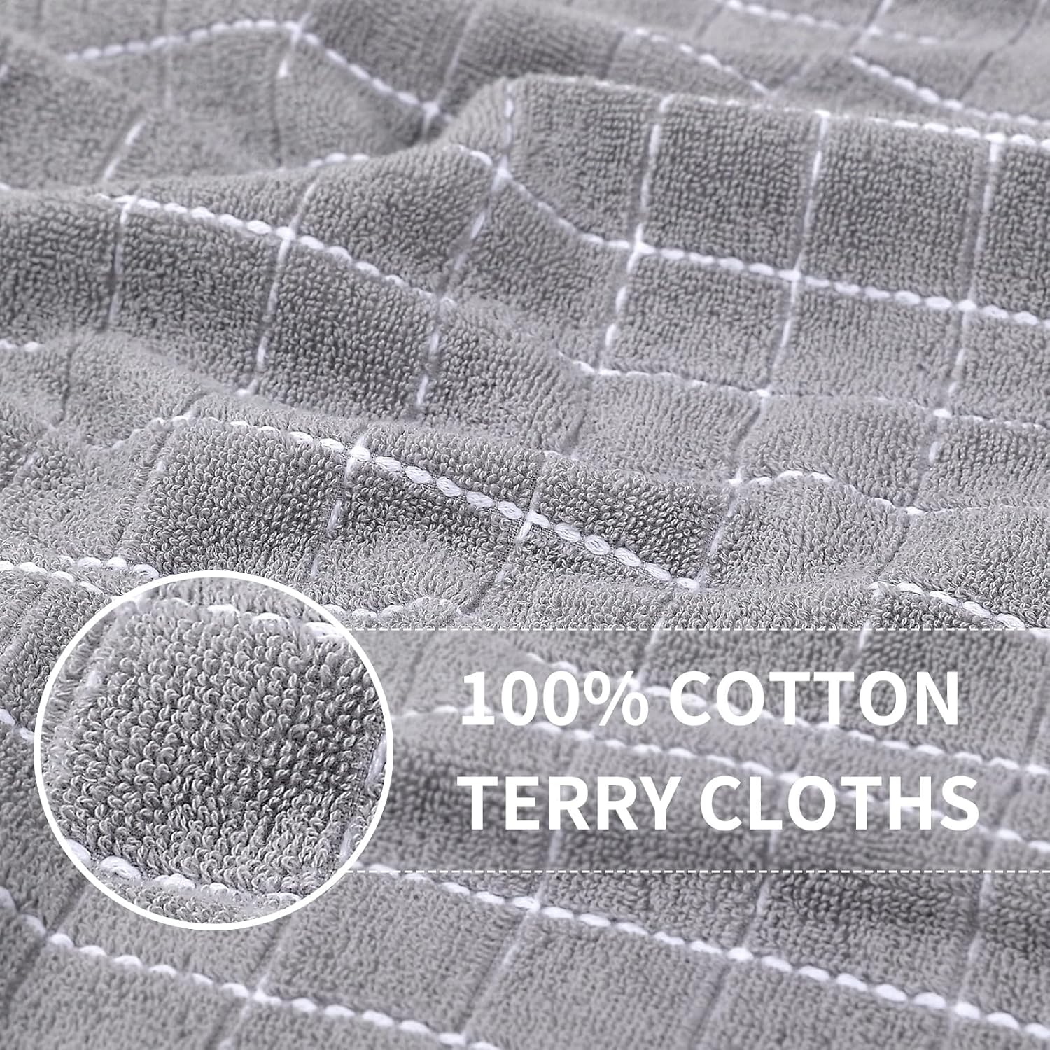 Homaxy 100% Cotton Terry Kitchen Towels(White and Light Grey, 13 x 28 Inches), Checkered Designed, Soft and Super Absorbent Dish Towels, 8 Pack