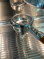 58mm Double Spout Portafilter Compatible with La Marzocco Espresso Machine Stainless Steel Espresso Portafilter with Double Shot Filter Basket Espresso Accessories-Handle Wooden