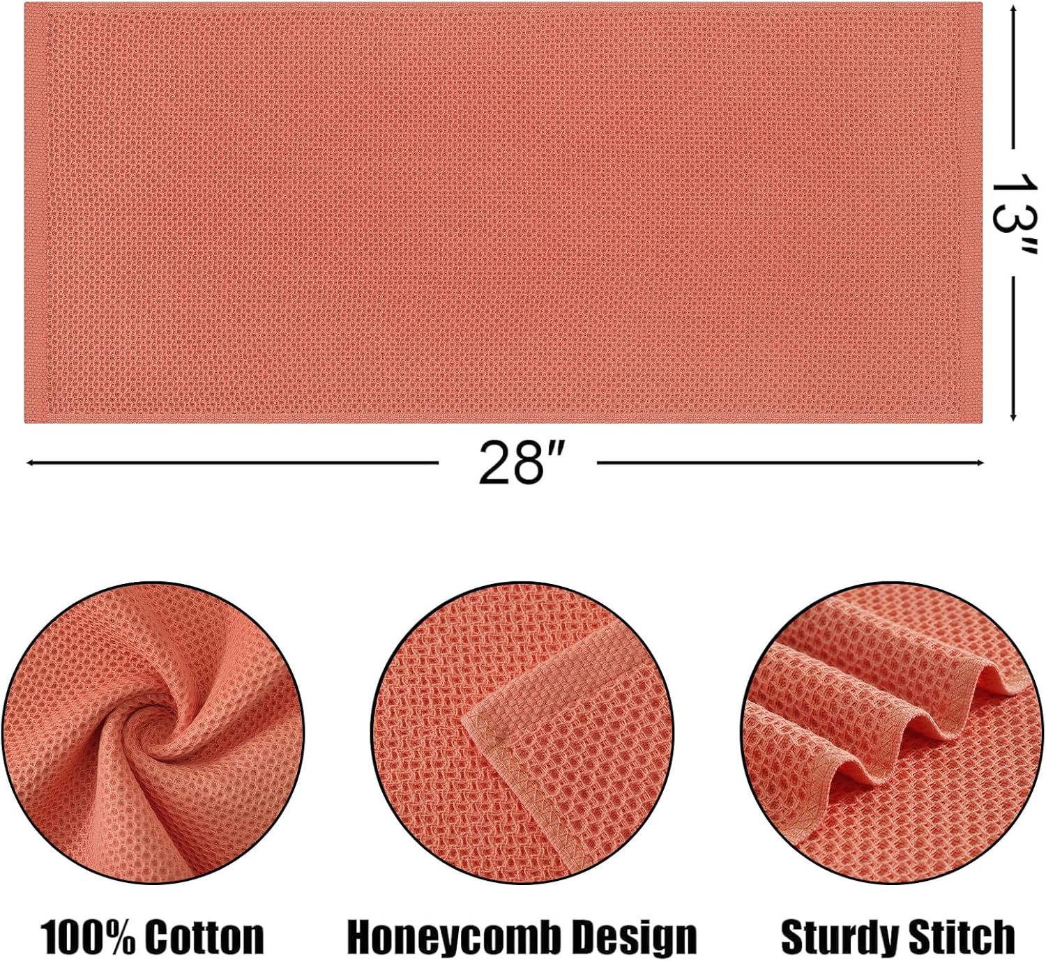 Kitinjoy 100% Cotton Waffle Weave Kitchen Towels, 8-Pack Super Soft and Absorbent Dish Towels for Drying Dishes, Kitchen Hand Towels, 13 in x 28 in, Coral