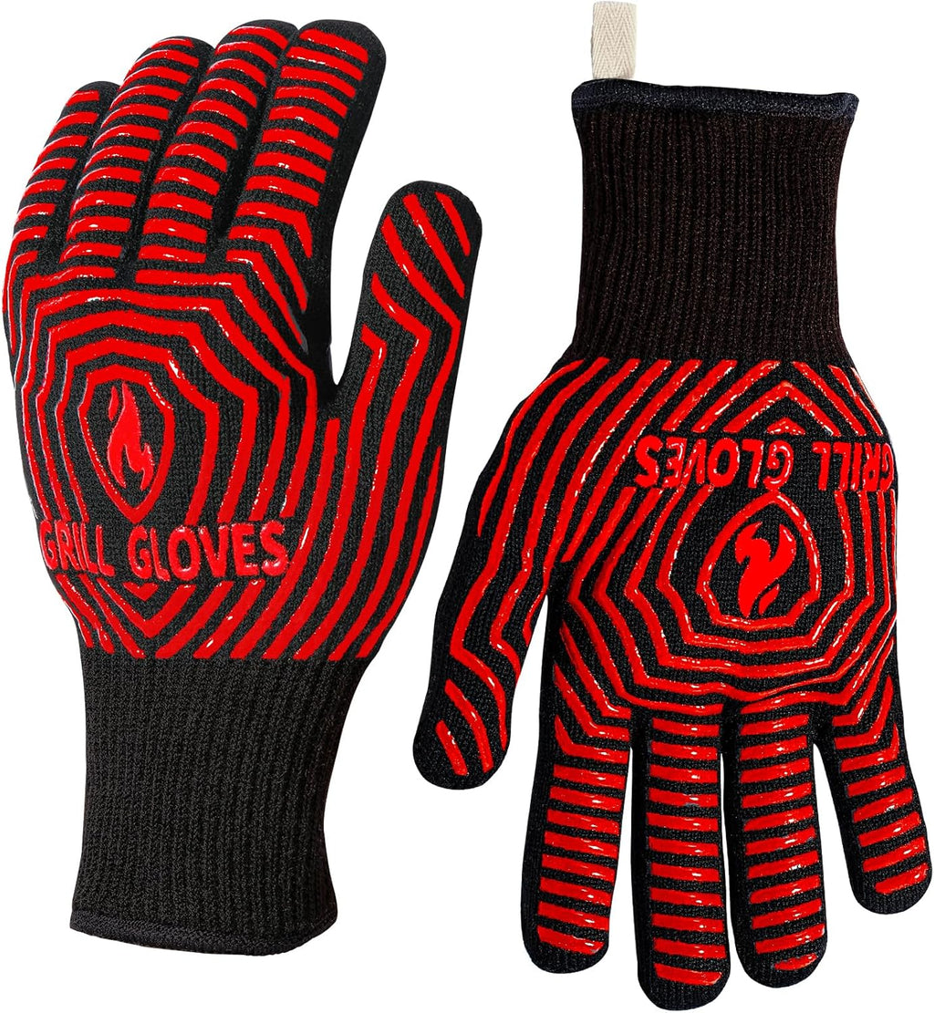 QUWIN BBQ Gloves, BBQ Accessories 1472℉ Extreme Heat Resistant, Grilling Gloves Silicone Non-Slip Oven Mitts, Kitchen Gloves for BBQ, Grilling, Cooking, Baking-1 Pair 11inch, Red