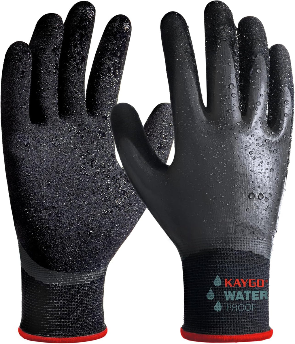 KAYGO Waterproof Work Gloves for Men and Women, Rubber Coated Non-slip Working Gloves for Garden, Outdoor Construction,3 pairs,Black,S