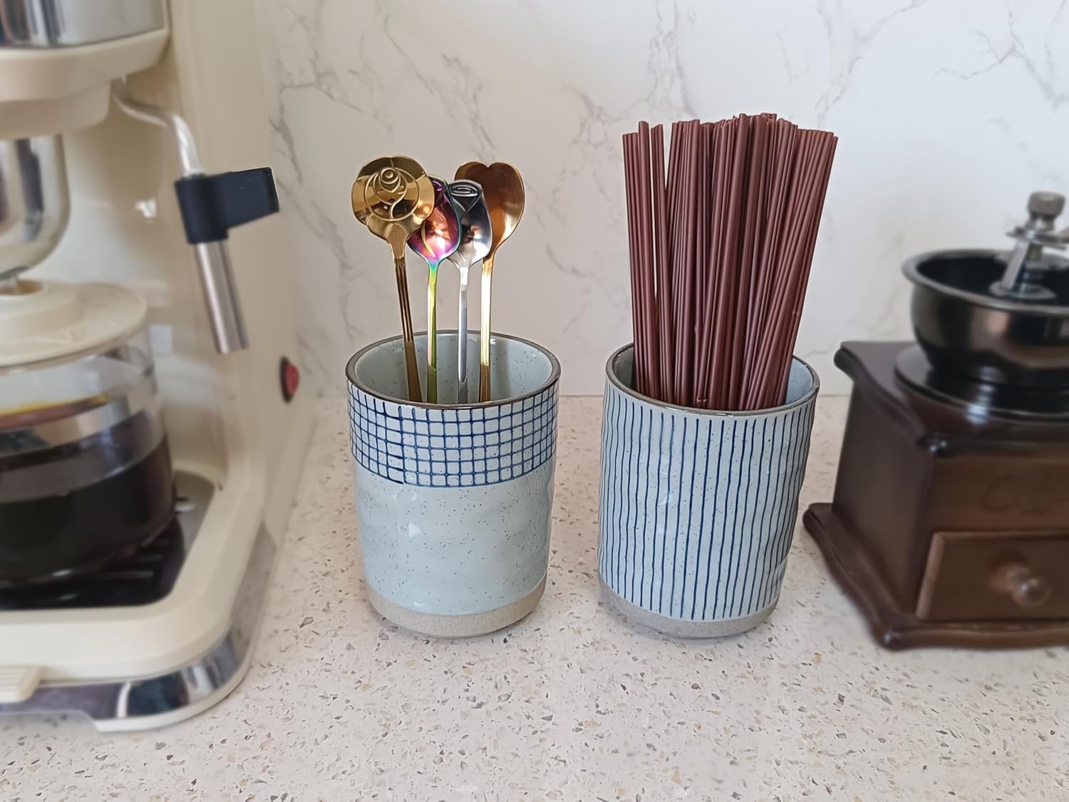 Stoneware Coffee Bar Utensil Holder Tea & Coffee Spoon & Stirrer Holder for Stir Stick Straw Teaspoon Holder Spoon Cup Small Utensil Jar (Blue Chequer)