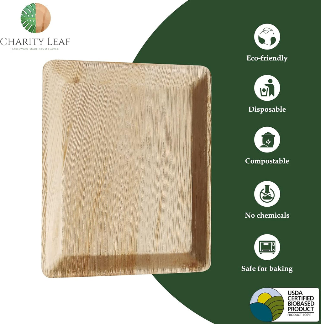 Charity Leaf Disposable Palm Leaf 12" x 10" Trays (25 pieces) Bamboo Like Serving Platters, Disposable Boards, Eco-Friendly Dinnerware For Weddings, Catering, Events