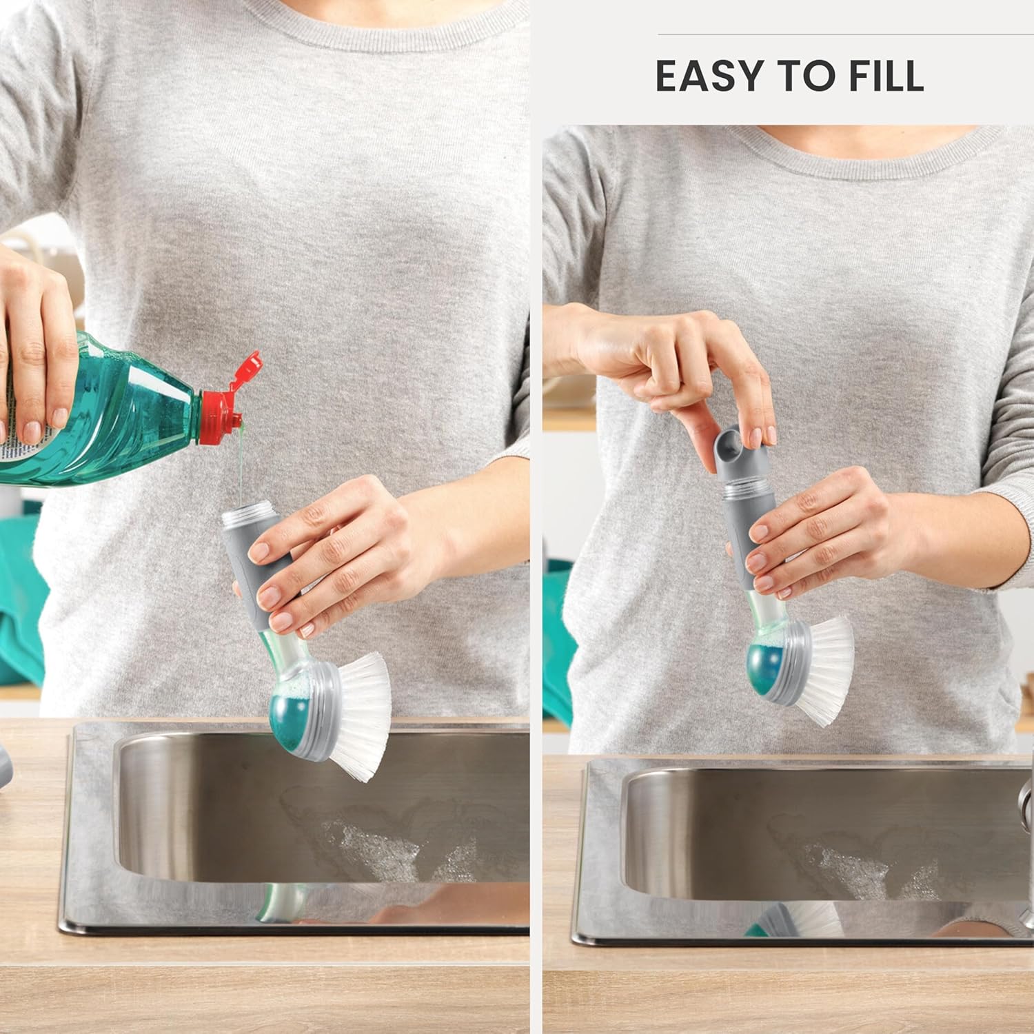 Vigar Rengo Soap Dispensing Dish Brush, Dish Brush with Soap Dispenser for Pot Scrubber, Dishes, Sink Cleaner, and Kitchen Essentials, Grey