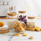 900ML/30Oz Clear Cute Glass Storage Canister Holder with Airtight Bamboo Lid, Modern Decorative Medium Container Jar for Coffee, Spice, Candy, Salt, Cookie, Condiment, Pepper, Sugar