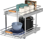 Pull Out Cabinet Organizer(11" W x 21" D), 2 Tier Wire Basket Slide Out Shelf Storage with Wood Handle, Pull Shelf Drawers for 12-1/4” Cabinet Opening, Chrome