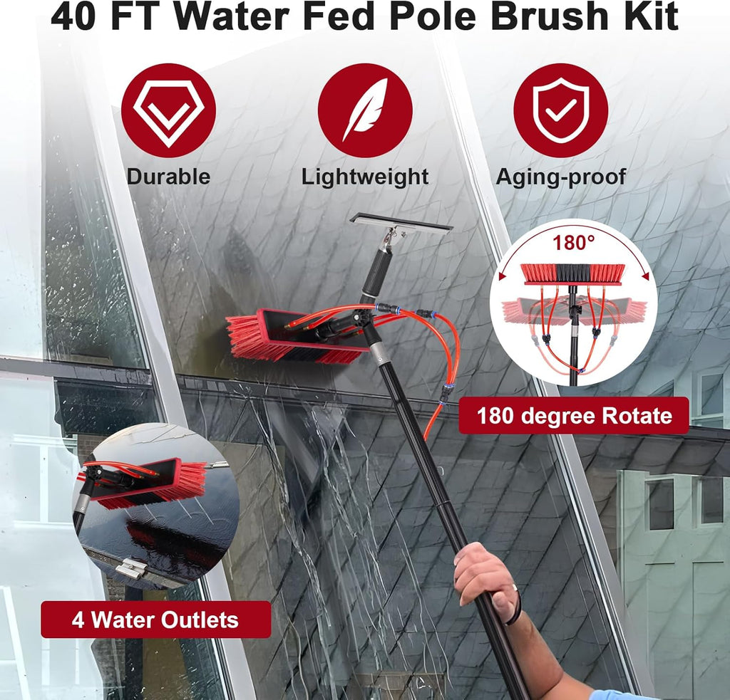 40ft Water Fed Pole Kit, Rotatable Solar Panel Cleaning Brush & Squeegee, 2 Dusting Brushes, Extendable Black Lightweight Pole for Roof Window