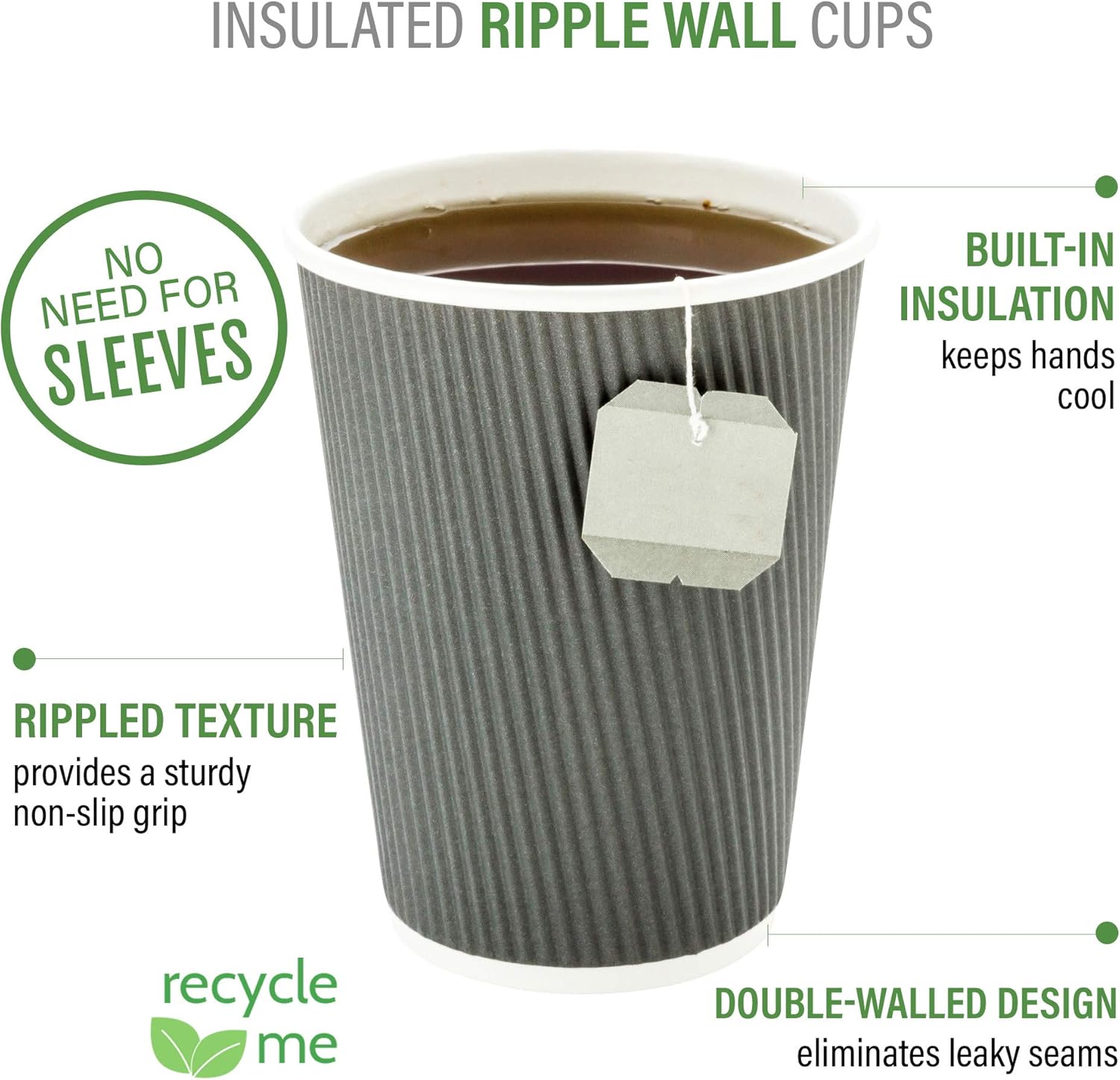 Restaurantware 4 Ounce Ripple Wall Disposable Coffee Cups, 500 Insulated Gray Paper Tumblers with Rolled Rim Design, Lids Sold Separately for Hot Drinks like Tea, Hot Chocolate and More