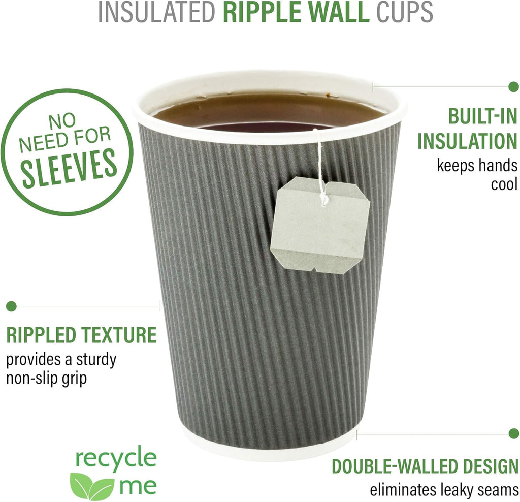 Restaurantware 8 Ounce Double Wall Disposable Coffee Cups, 500 Insulated Gray Paper Tumblers, with Ripple Wall Design, Lids Sold Separately for Hot Drinks like Tea, Hot Chocolate, and More