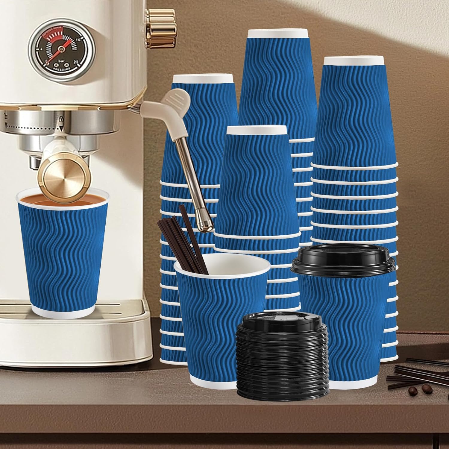 90 Pack 12 oz Disposable Coffee Cups with Lids and Straws, Insulated Ripple Wall To Go Paper Coffee Cups for Coffee, Hot Chocolate and Hot Tea Drinks - Navy