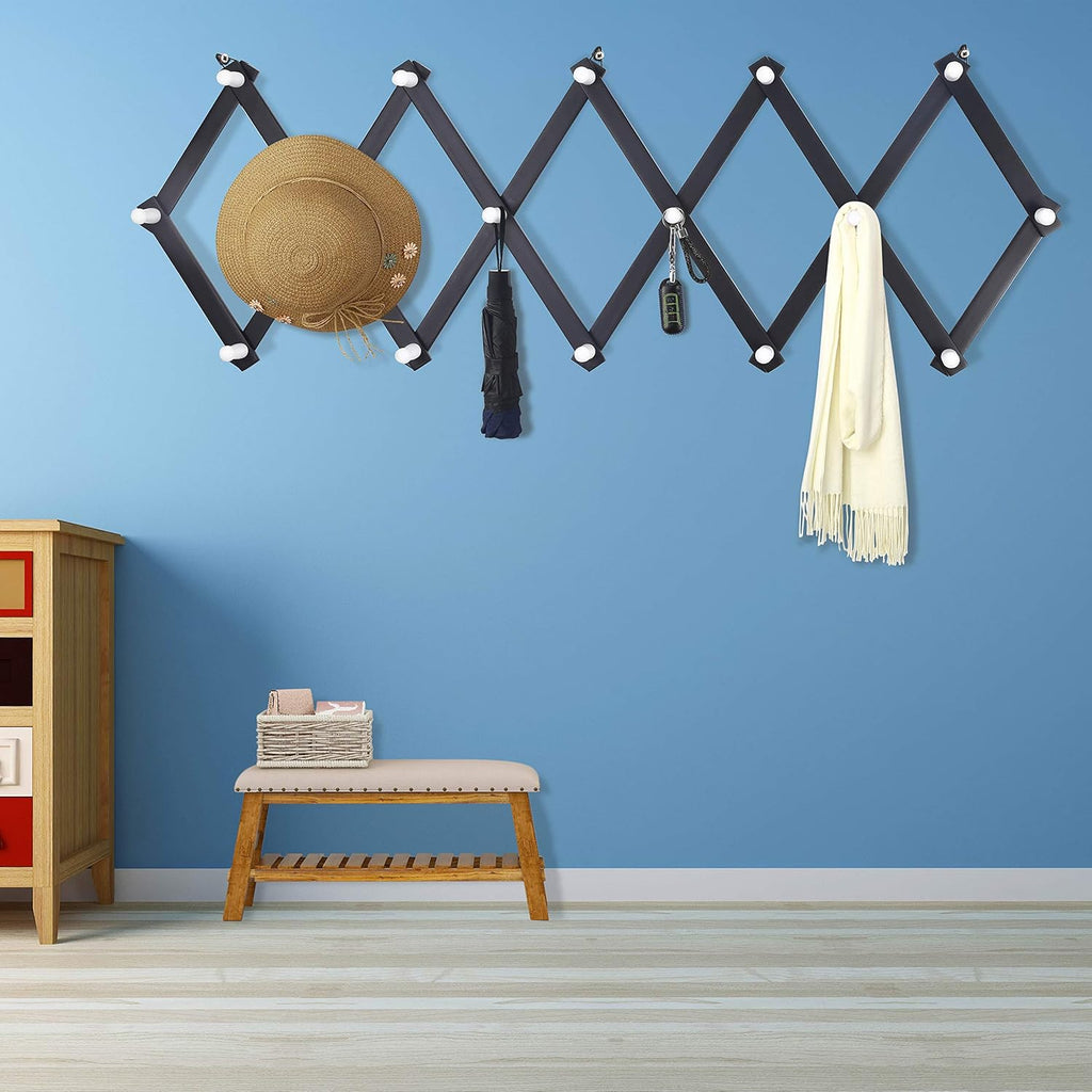 Dseap Accordian Wall Hanger: Wooden Coat Rack Wall Mounted, Hat Racks for Baseball Caps, Mug Rack, 16 Peg Hooks, Black & White