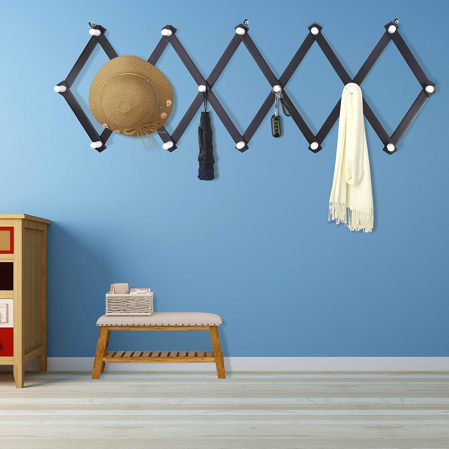 Dseap Accordian Wall Hanger: Wooden Coat Rack Wall Mounted, Hat Racks for Baseball Caps, Mug Rack, 16 Peg Hooks, Black & White