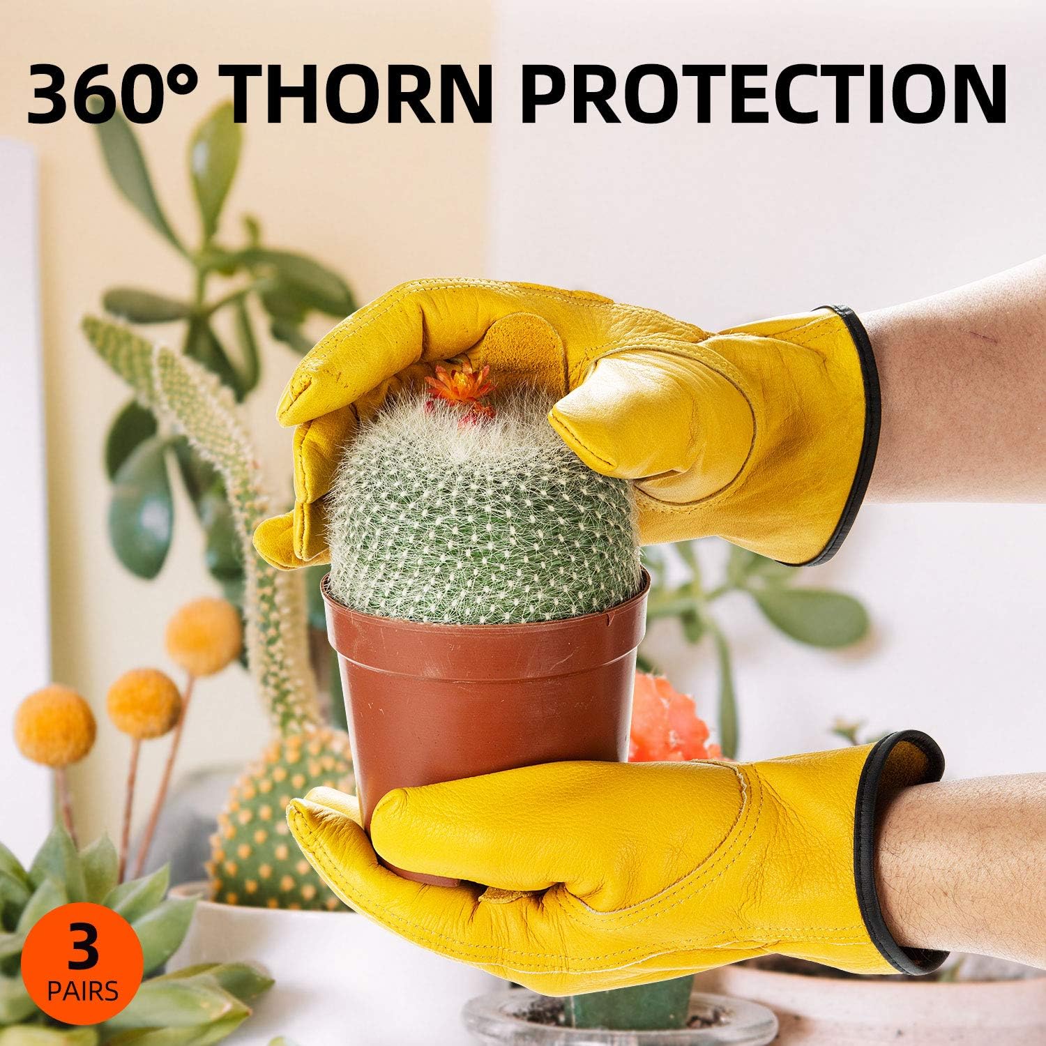 Vgo 3-Pairs Unlined Cow Grain Leather Work and Driver Gloves with Cow Split Leather Palm Patch (Size XL, Gold,CA9590)