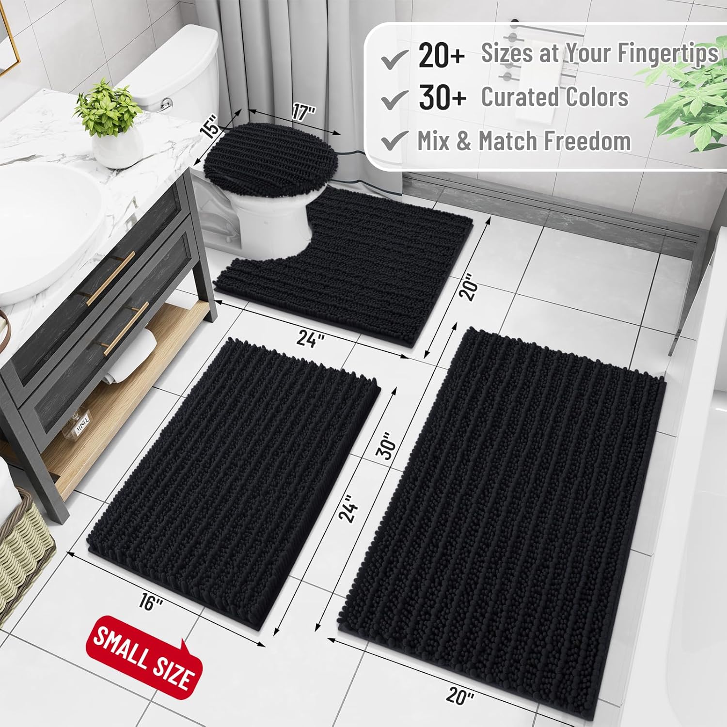 Arotive Luxury Chenille Bathroom Rug Mat, Extra Soft Thick Absorbent Shaggy Bath Rugs, Non-Slip Machine Wash Dry, Plush Bath Mats for Bathroom, Shower and Tub, 47x32, Black