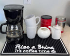 Coffee Bar Mats for Countertop Rise and Shine It's Coffee Time Sign 18x12 in Espresso Machine Mat Compatible, Premium Silicone Mat for Countertop for Tiki Bar Decor and Tiki Decorations