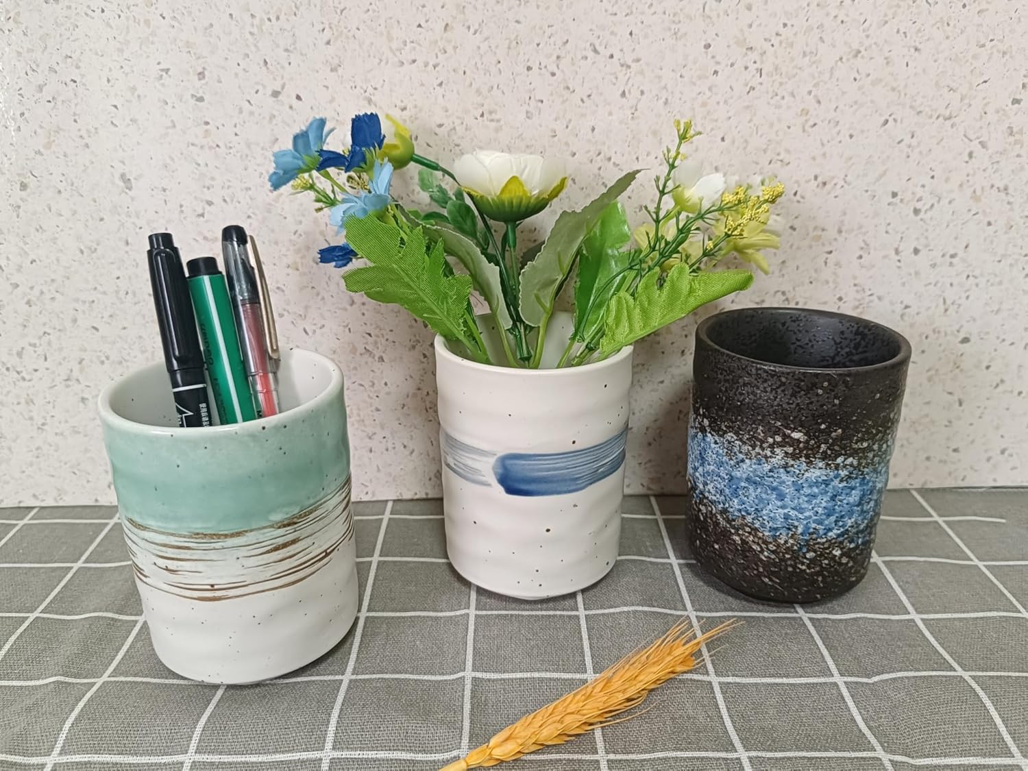 Stoneware Coffee Bar Utensil Holder Tea & Coffee Spoon & Stirrer Holder for Stir Stick Straw Teaspoon Holder Spoon Cup Small Utensil Jar (Blue feather)