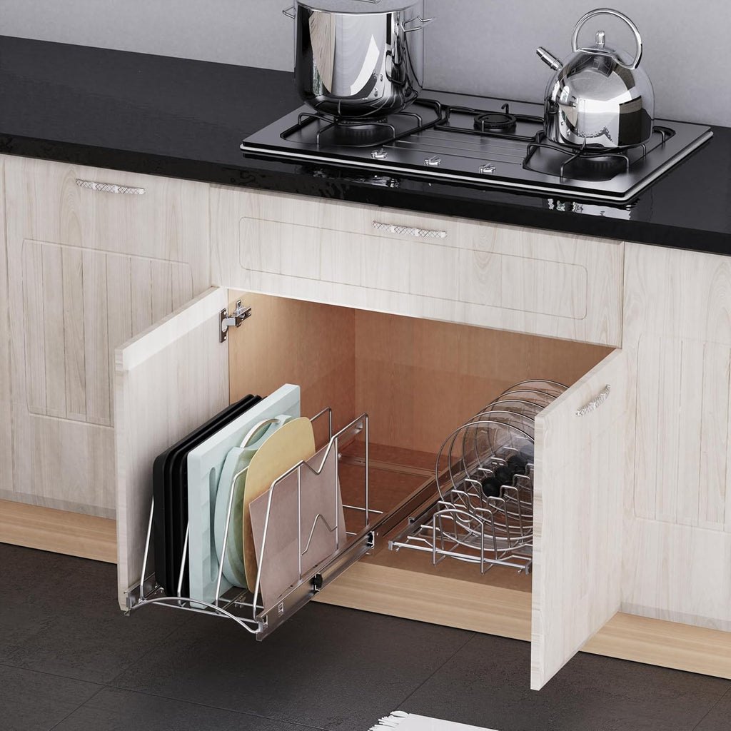 Pull Out Cookie Sheet Organizer for Cabinet, Pan and Pot, Cutting Board, Bakeware, Tray Organizer Rack, Sliding Rack- Heavy Duty, Adjustable Divider Width, 10" W x 22" D x 11" H, Chrome