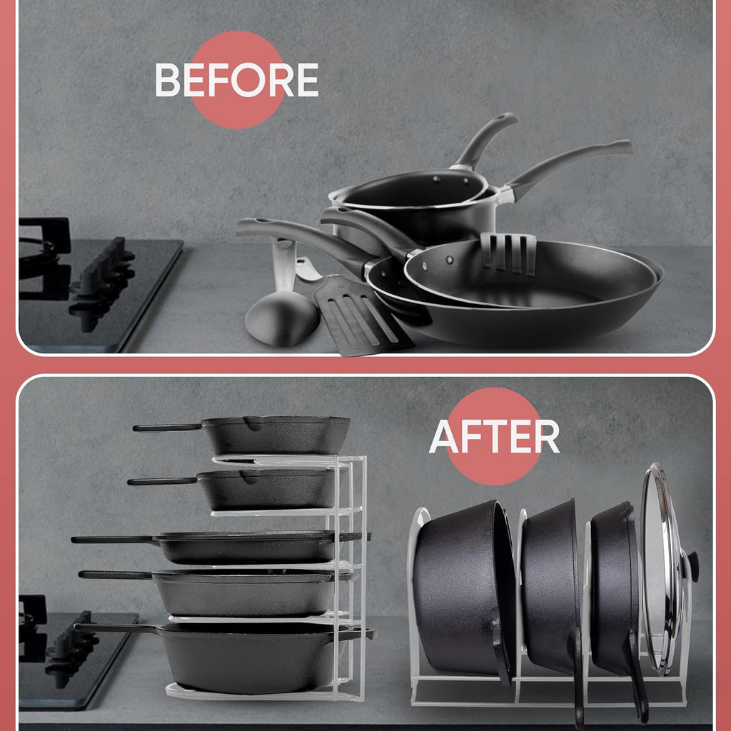 Heavy-Duty Pots and Pans Organizer | 5-Tier Cookware & Lid Storage Rack | Free-Standing or Wall-Mount | Kitchen Organizer for Cast Iron Skillets, Pots, Frying Pans, Lids | White