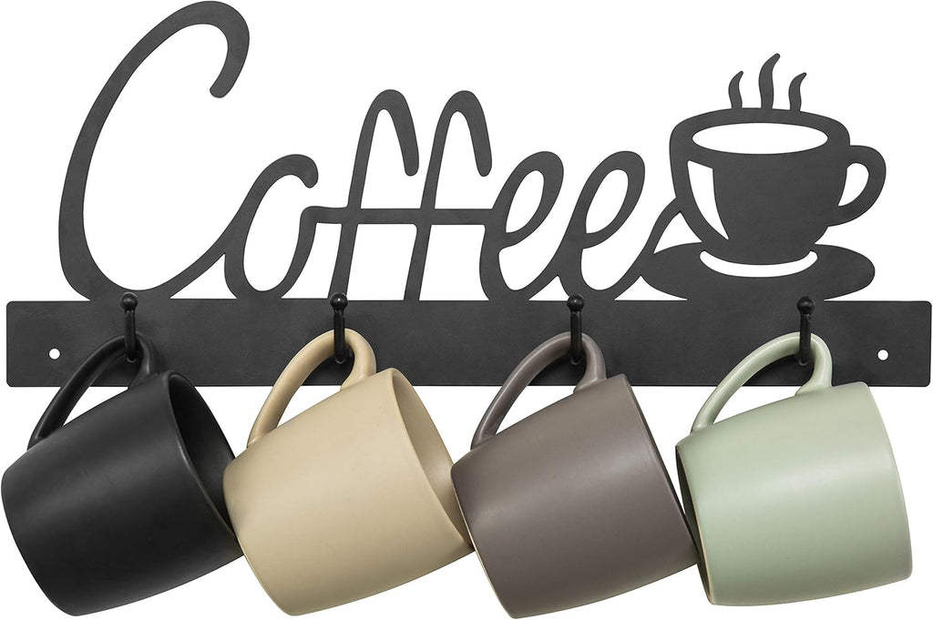 MyGift Black Metal Coffee Mug Rack Wall Mounted Holder with 4 Hooks and Coffee Word Sign and Cup Cutout Design