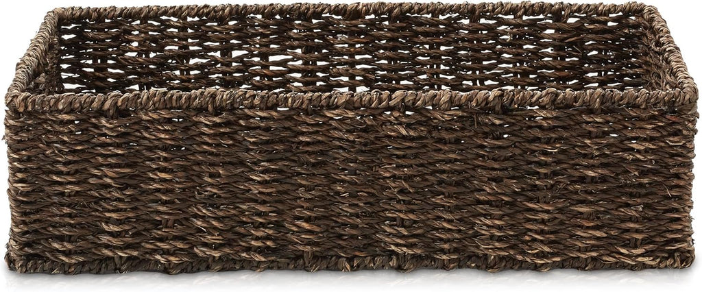 Casafield Set of 2 Bathroom Storage Baskets, Espresso - Seagrass, 16" W x 6.75" D x 4.25" H, Woven Toilet Tank Topper Bins for Organizing Tissues, Toilet Paper, Toiletries, Shelves