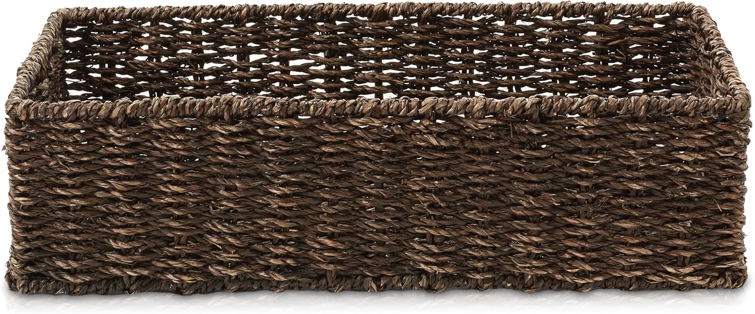 Casafield Set of 2 Bathroom Storage Baskets, Espresso - Seagrass, 16" W x 6.75" D x 4.25" H, Woven Toilet Tank Topper Bins for Organizing Tissues, Toilet Paper, Toiletries, Shelves