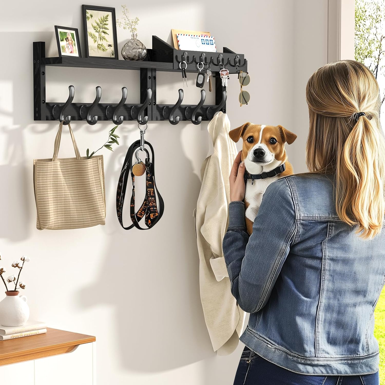 Evermagin 29" Coat Rack Wall Mount with Shelf, 4 in 1 Wall Mounted Coat and Key Hanger with 11 Hooks, Entryway Key Holder with Mail Holder for Living Room, Bedroom, Black