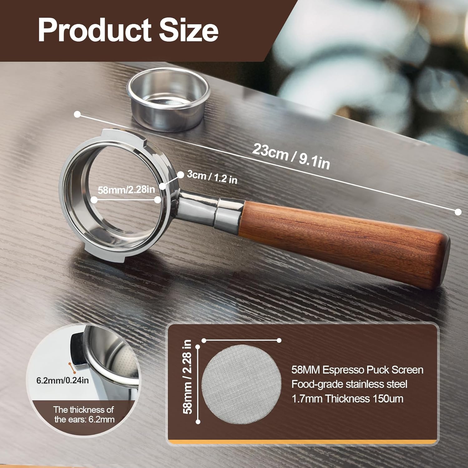 58 mm Bottomless Portafilter with Puck Screen 2 Ears Espresso Portafilter Compatible with E61 Group Head Espresso Machines,Flair 58,ECM,Rocket,Sanremo,Stainless Steel and Rosewood Handle