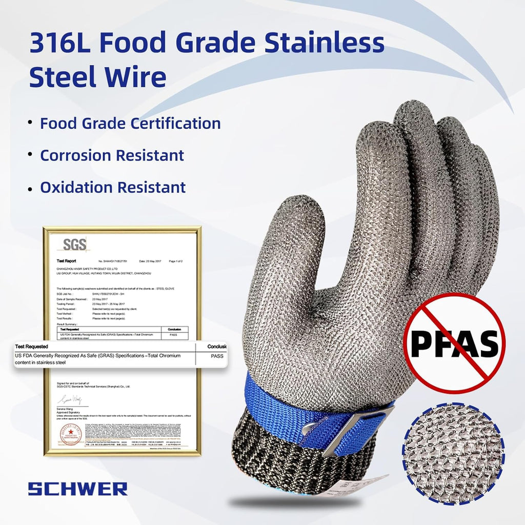 Schwer SlicePro ANSI A9 Cut Resistant Glove PR1706, Stainless Steel Mesh Metal Glove, Food Grade for Kitchen Cooking, Butcher Meat Cutting, Oyster Shucking, Mandoline, Fishing, Non-PFAS (S, 1 Pair)