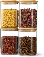 41oz Airtight Glass Square Storage Canister with Bamboo Lid Set of 4 (1200ml) Container Stackable Jar, Kitchen Canister for Pantry Noodles, Flour and Coffee beans (‎with Black Lable)