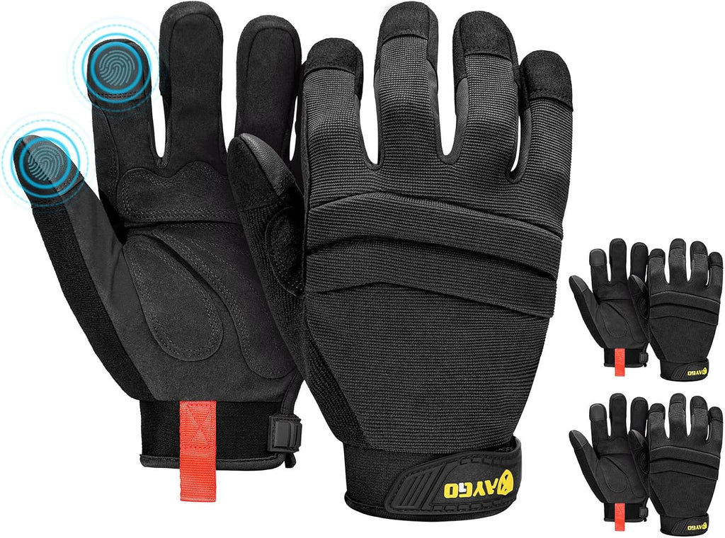 KAYGO Work Gloves For Men,3 Pairs KG125M Mechanic Utility Work Gloves for All Purpose, Excellent Grip, Heavy Duty, Improved Dexterity, Touch Screen,Black, XL