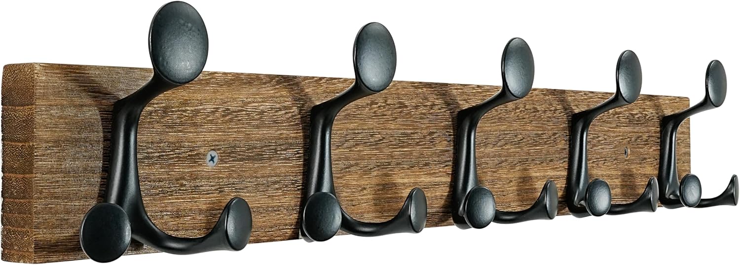 SKOLOO 24-Inch Wood Burnt Coat Rack Wall Mount with 5 Triple Hooks - Ideal for Family Entrances, Classrooms, and Pet Supplies Storage - Perfect Coat Hooks for Wall