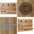 MyGift Premium Solid Acacia Wood Wall Mounted Mug and Wine Glass Holder Rack – Rustic Coffee and Wine Bar Organizer with Cursive A.M. / P.M. Design