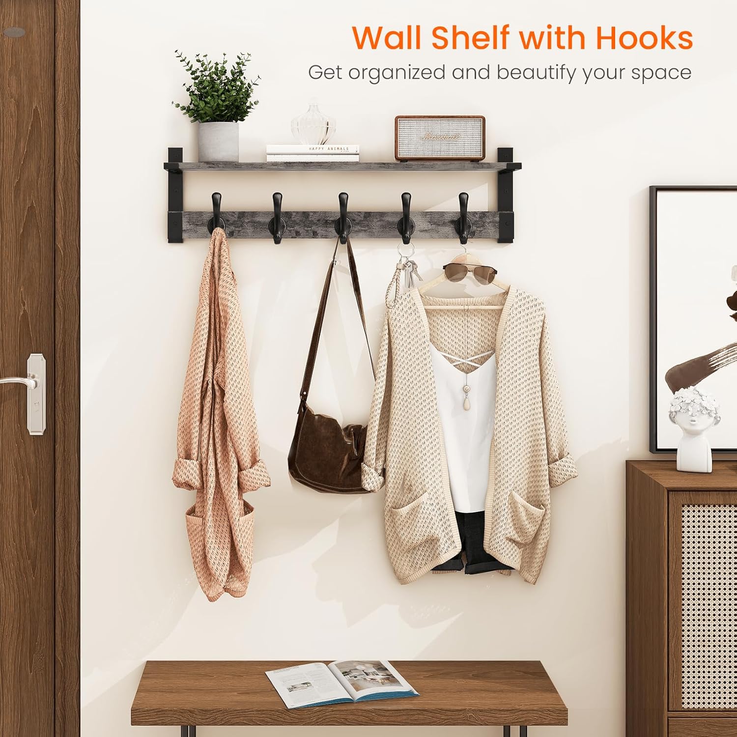 Homode Coat Rack Wall Mount with Shelf, 29 Inch Wood Wall Shelf with Hooks, Entryway Coat Hanger Wall Mount with 5 Hangers for Bathroom, Bedroom, Living Room, Grey