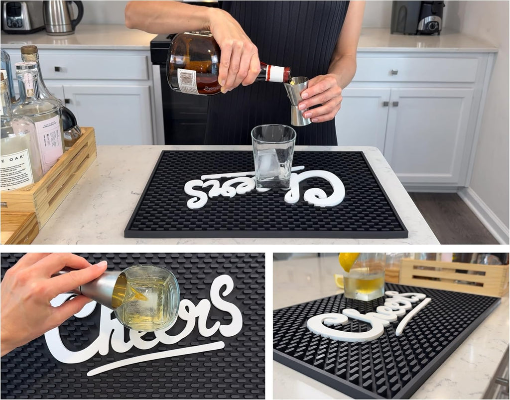 Cheers Sign Tiki Bar Mats for Countertop 18 x 12in, Tiki Decor Cheers Sign for Bar Cart Decor and Accessories and Essentials, Silicone Coffee Mat and Coffee Matt for Counter, Drink Signs for Party
