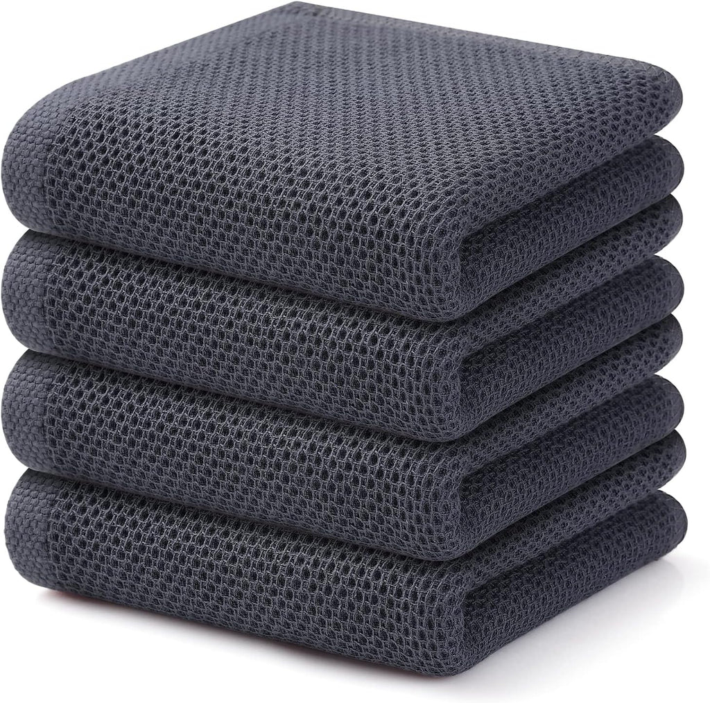 Kitinjoy 100% Cotton Waffle Weave Kitchen Towels, 4-Pack Super Soft and Absorbent Dish Towels for Drying Dishes, Kitchen Hand Towels, 13 in x 28 in, Dark Grey