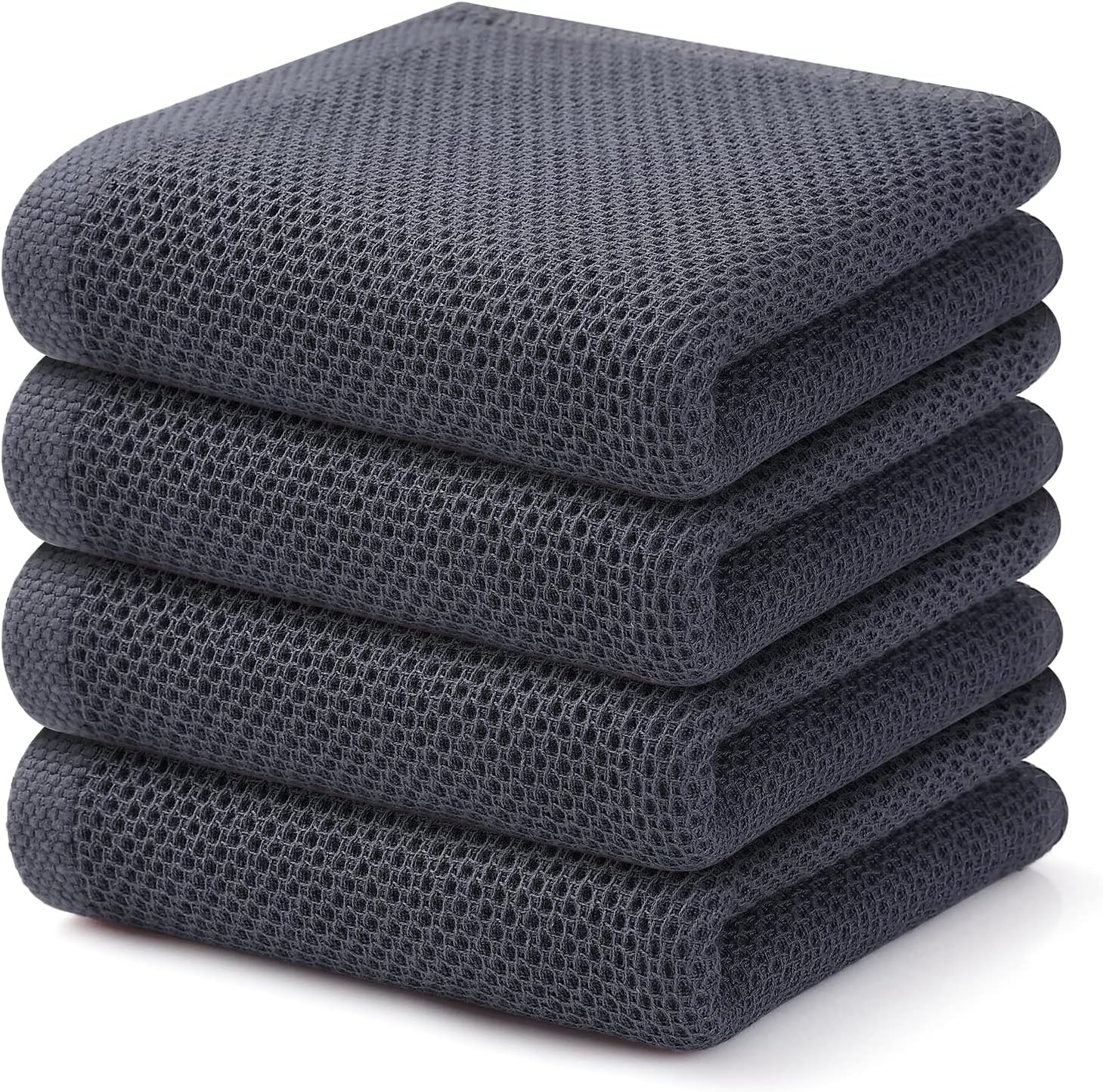 Kitinjoy 100% Cotton Waffle Weave Kitchen Towels, 4-Pack Super Soft and Absorbent Dish Towels for Drying Dishes, Kitchen Hand Towels, 13 in x 28 in, Dark Grey