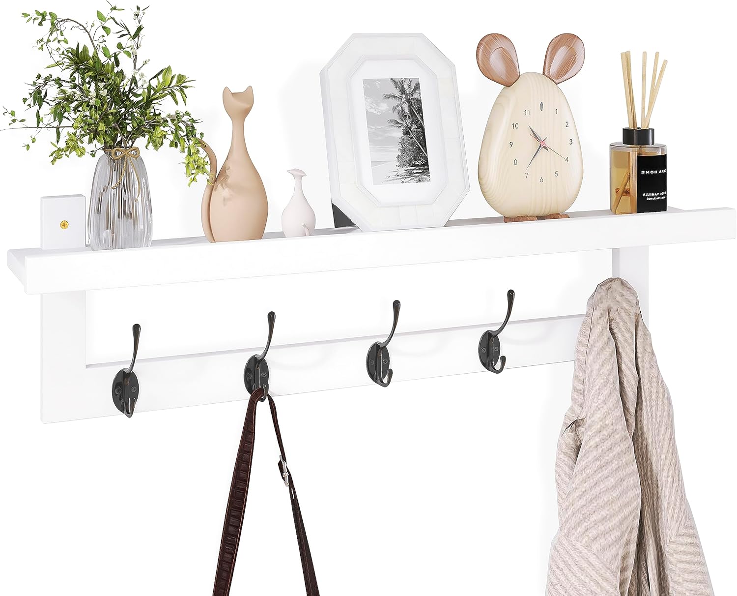 SMIBUY Coat Hooks with Shelf Wall-Mounted, 29.2 Inch Entryway Coat Rack for Wall, Bamboo Hanging Shelf with 5 Double Metal Hooks for Bathroom, Bedroom, Kitchen, Living Room (White + Black)