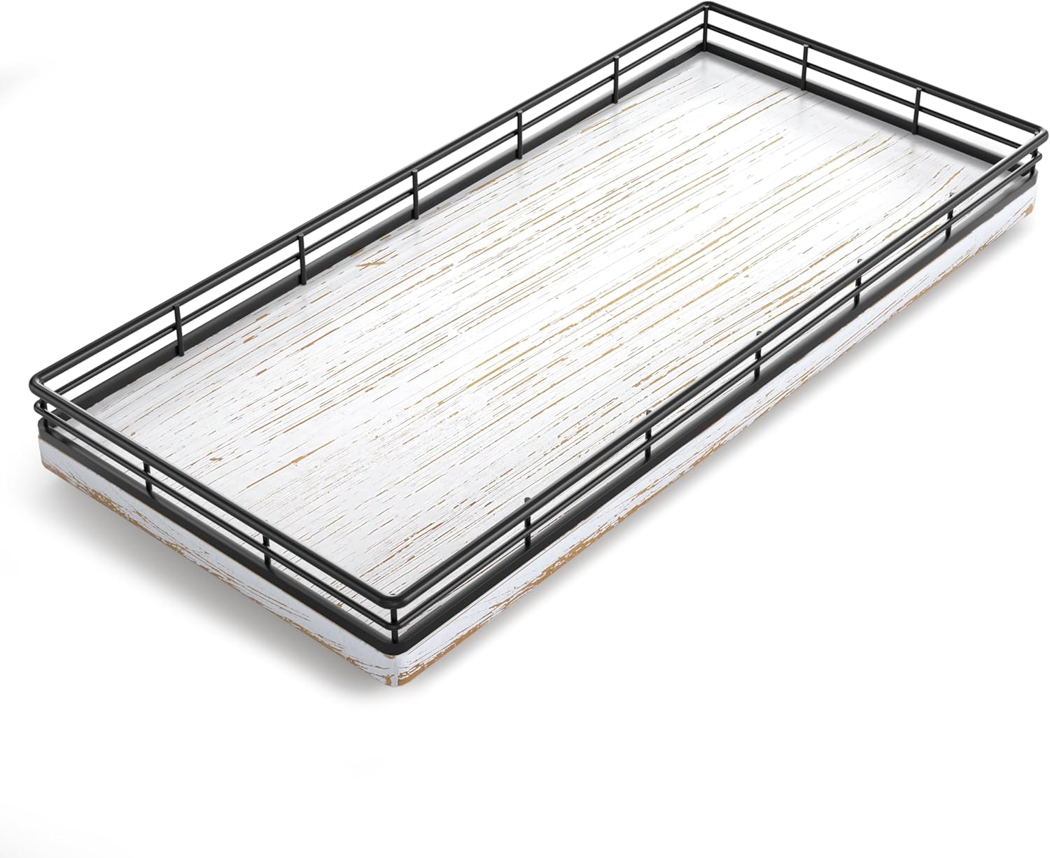 Bathroom Toilet Tank Tray, 13" Wood Toilet Paper Storage Basket Tray Back of Toilet Basket Organizer,Vanity Tray for Perfume Makeup Candle Decor, Black & Farmhouse White