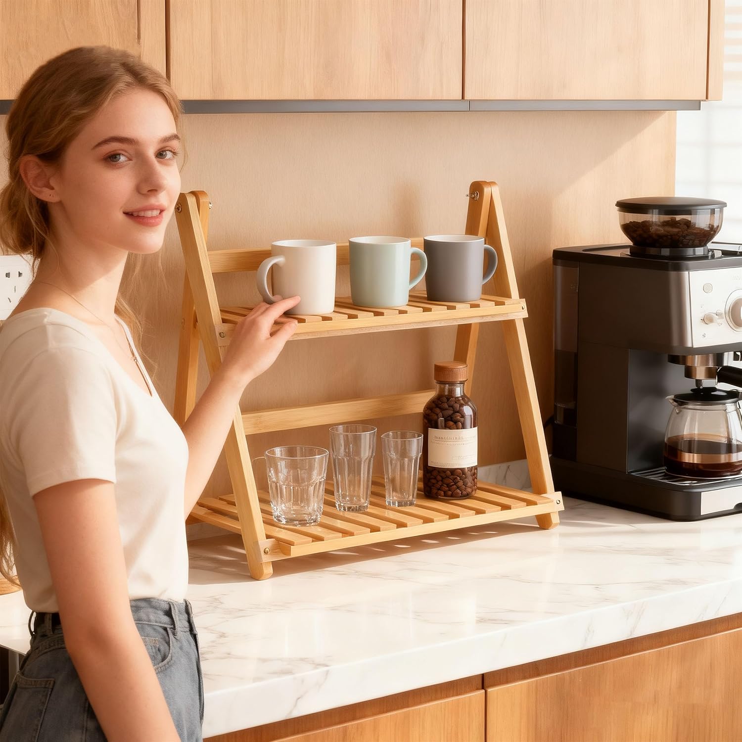 Coffee Station Organizer, Matcha Station, Foldable Bamboo Mug Holder for Countertop, Tea & Coffee Bar Accessories, 2 Tier Shelf for Kitchen Counter Organizer, Matcha Stand, Spice Rack