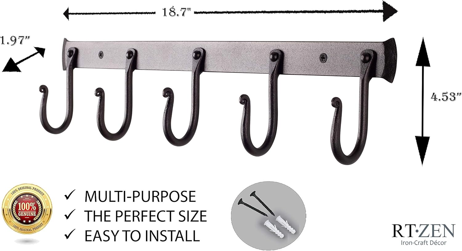 RTZEN Wall Mount Hook Set - Wrought Iron Decorative Rustic Metal Coat Hooks for Hanging - Handcrafted Classic Farmhouse Wall Mounted Black Hooks for Towel Robe or Hat Hanging - 5 Hook Rack