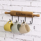 MyGift Rustic Burnt Brown Wood Kitchen Hooks for Hanging Cooking Utensils, Coffee Mugs and Hand Towels, Decorative Rolling Pin Design Kitchen Wall Decor with 4 Hooks