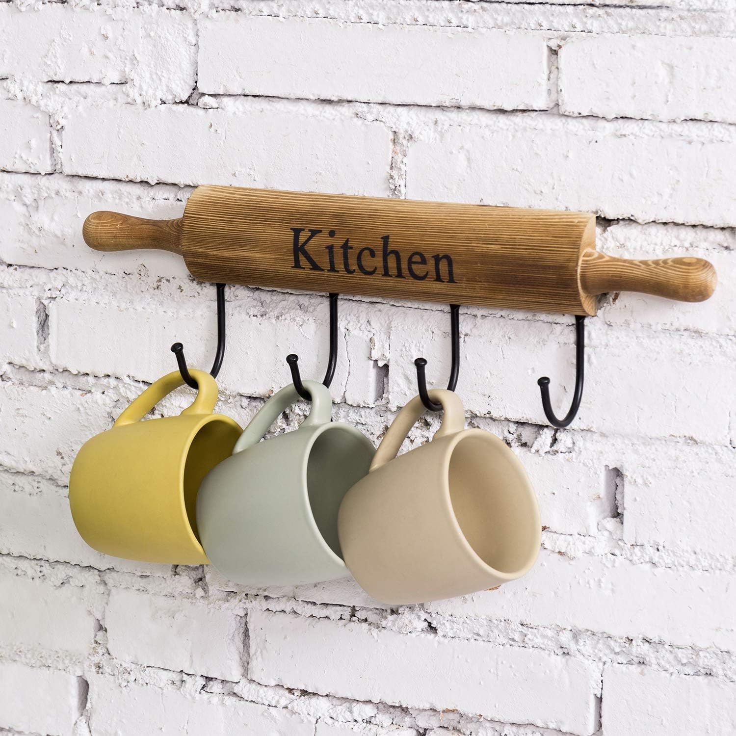 MyGift Rustic Burnt Brown Wood Kitchen Hooks for Hanging Cooking Utensils, Coffee Mugs and Hand Towels, Decorative Rolling Pin Design Kitchen Wall Decor with 4 Hooks