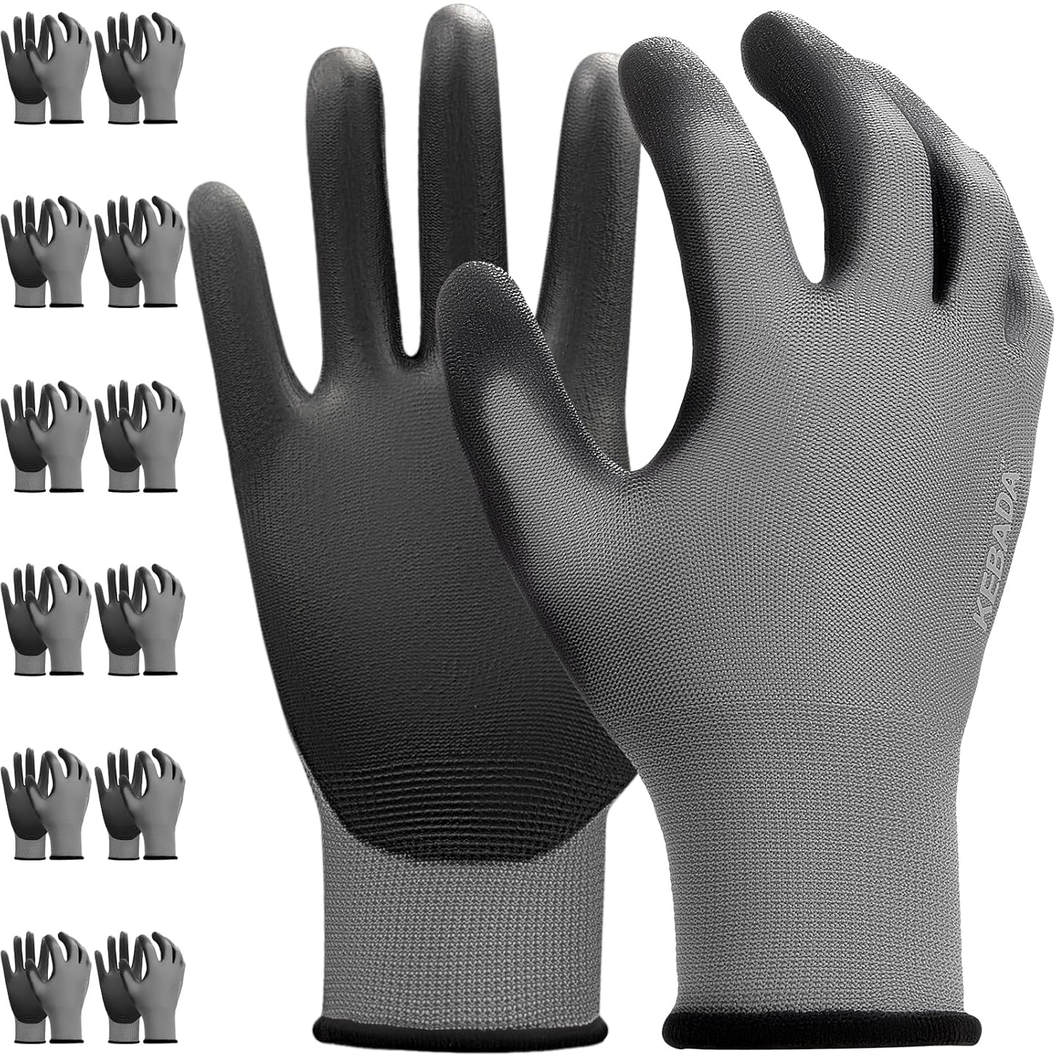 Kebada W1 Work Gloves for Men and Women, Working Gloves with Grip,12 Pairs Thin Mechanic Gloves,PU Coating on Palm & Fingers,Breathable Mens Gardening Gloves,Gray XX Large