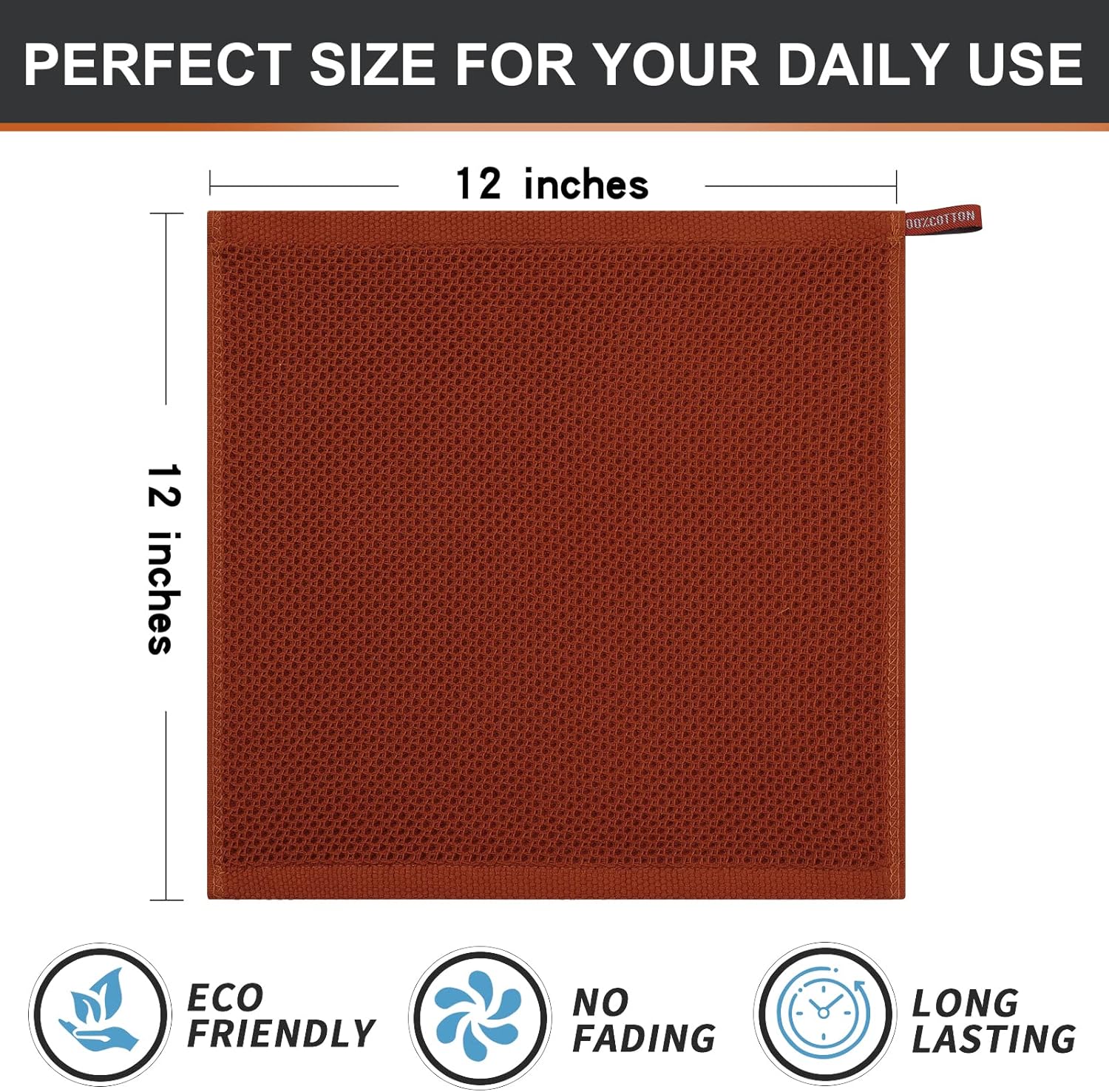 Kitinjoy 100% Cotton Kitchen Dish Cloths, 6 Pack Waffle Weave Dish Towels Ultra Soft Absorbent Quick Drying Dish Rags, 12 X 12 Inches, Rust