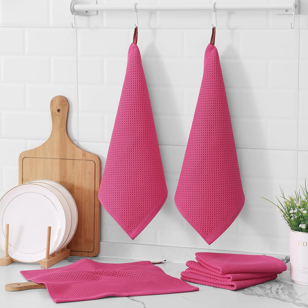Kitinjoy 100% Cotton Kitchen Dish Cloths, 8 Pack Waffle Weave Ultra Soft Absorbent Dish Towels for Drying Dishes Quick Drying Kitchen Towels Dish Rags, 12 X 12 Inches, Hot Pink