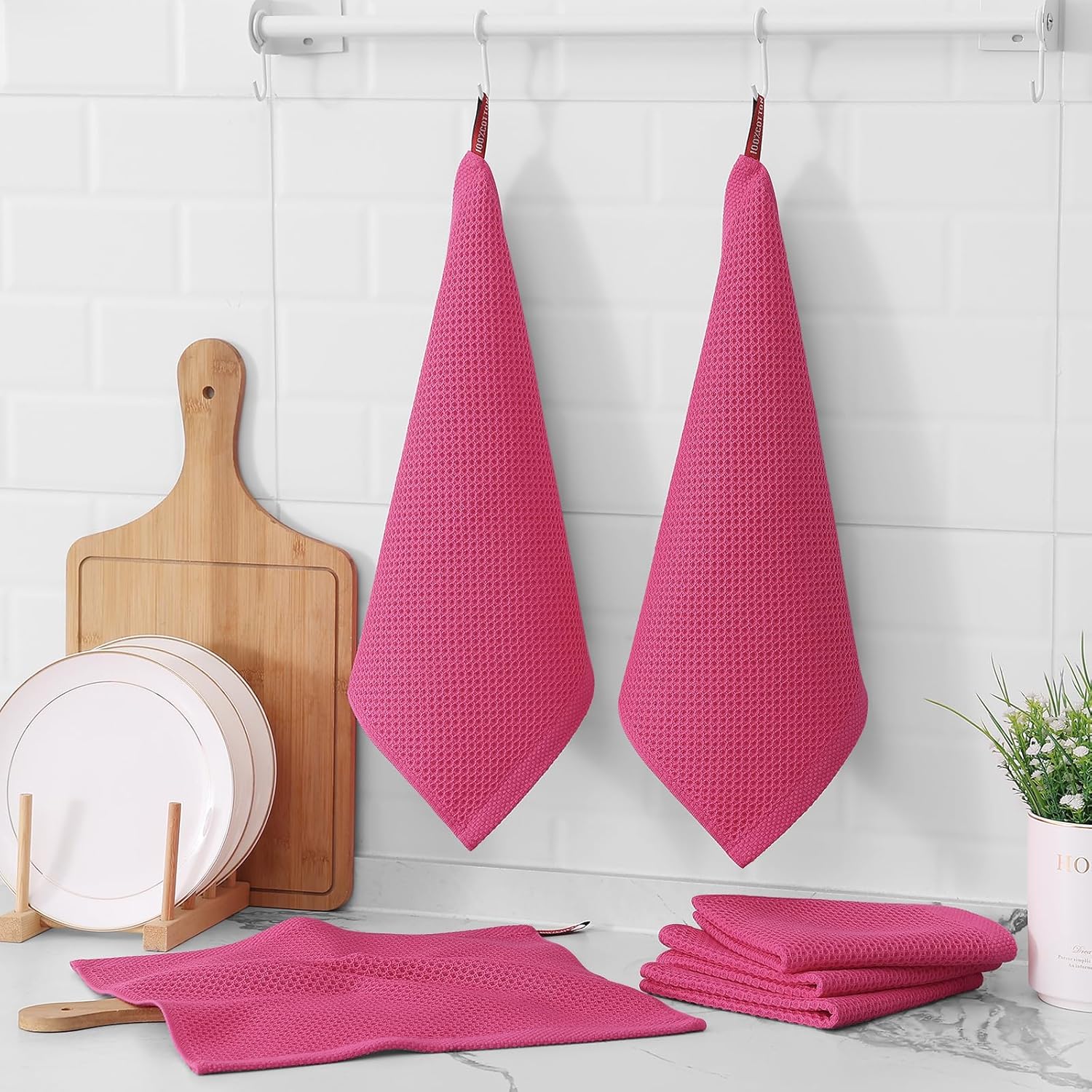 Kitinjoy 100% Cotton Kitchen Dish Cloths, 6 Pack Waffle Weave Ultra Soft Absorbent Dish Towels for Drying Dishes Quick Drying Kitchen Towels Dish Rags, 12 X 12 Inches, Hot Pink