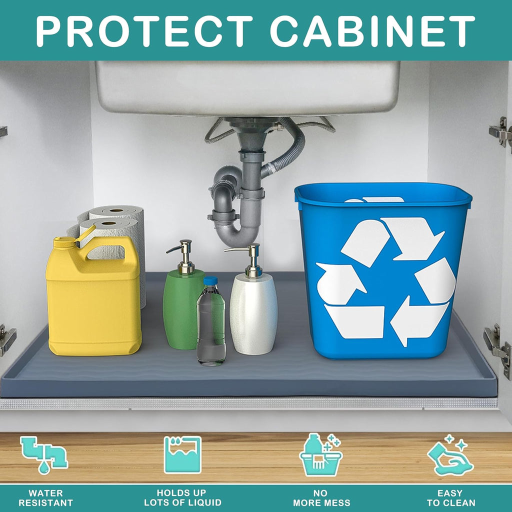 URMONA Waterproof Silicone Under Sink Mat 34'' x 19'' Shelf Liner for Kitchen and Bathroom, Cabinet and Counter Protector, Storage and Organizers, Litter Mat, Pet Cat Puppy Essentials(Cream)