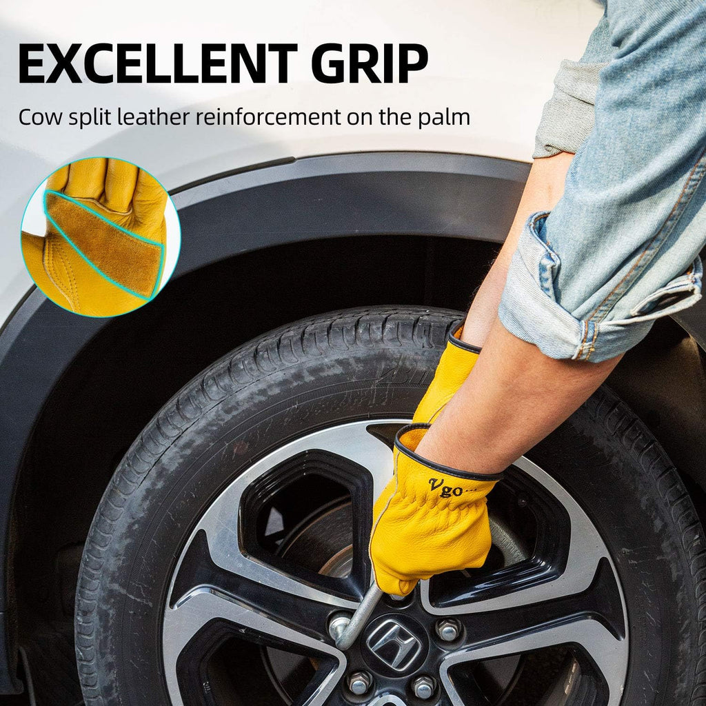 Vgo... 1-Pair Unlined Cow Grain Leather Work and Driver Gloves with Cow Split Leather Palm Patch (Size L, Gold,CA9590)