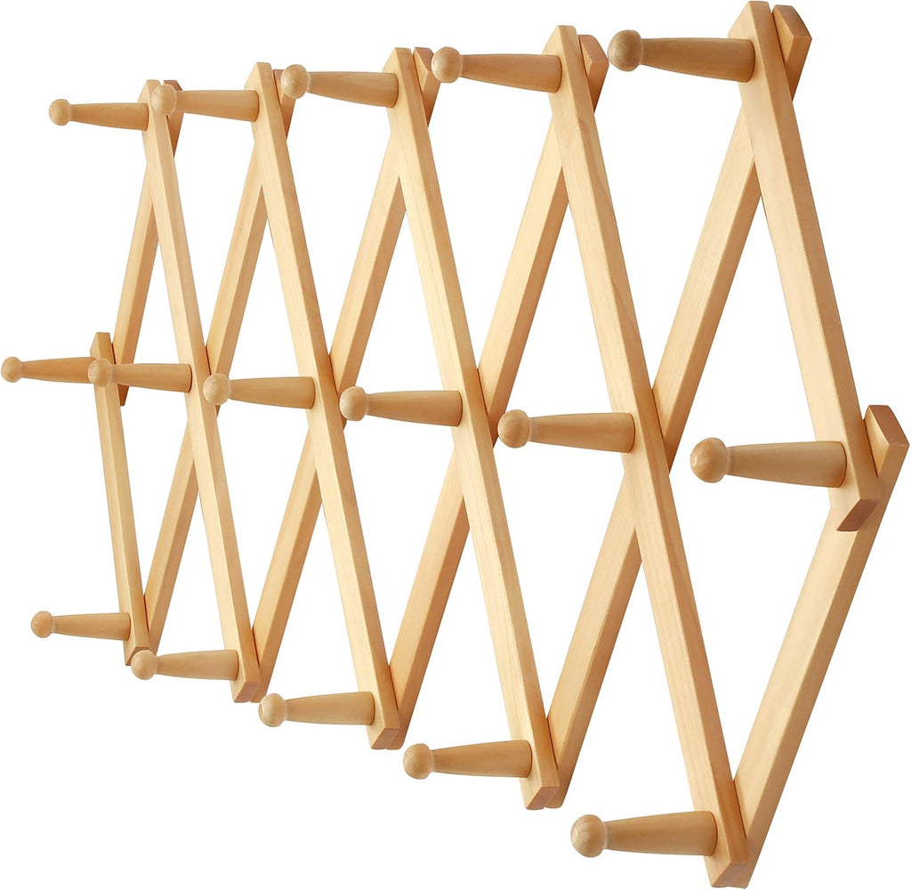 Dseap Accordian Wall Hanger: 16” High Wooden Wall Expandable Coat Rack, Hat Rack Holder, Accordion Hook for Baseball Caps, Coats, Mugs, 16 Peg Hooks, Natural